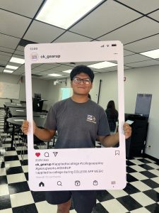 This photo features the GEAR UP logo at the top and then a male student from Tahlequah. He is standing inside an Instagram-style frame that says I applied to college during College App Week.